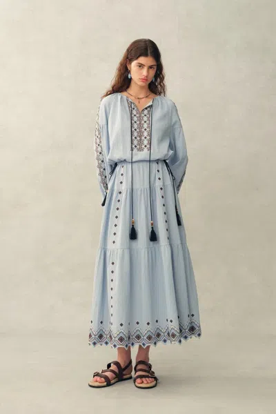 Fabrique Briana Boho Embroidered Drawstring Long Puff Sleeve Dress In Cotton Crinkle Gauze In Blue