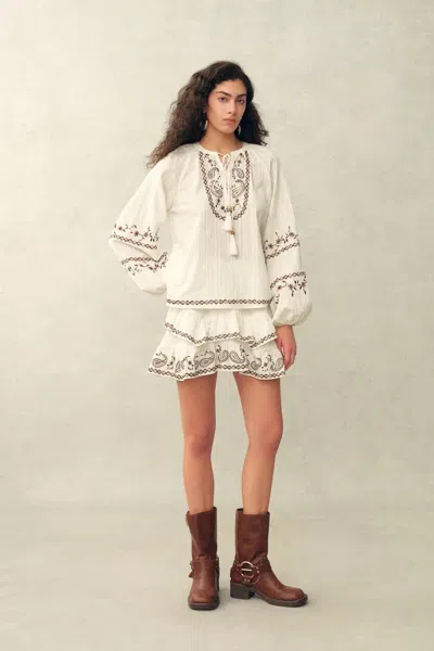Fabrique Brioche Beaded Tassel Tie Embroidery Blouse And Skirt Set In Crinkled Cotton In White