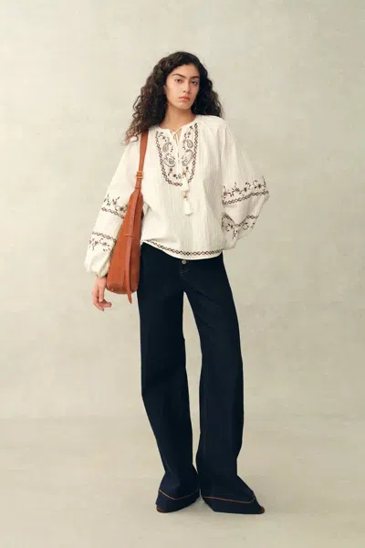 Fabrique Brioche Beaded Tassel Tie Embroidery Blouse In Crinkled Cotton In White