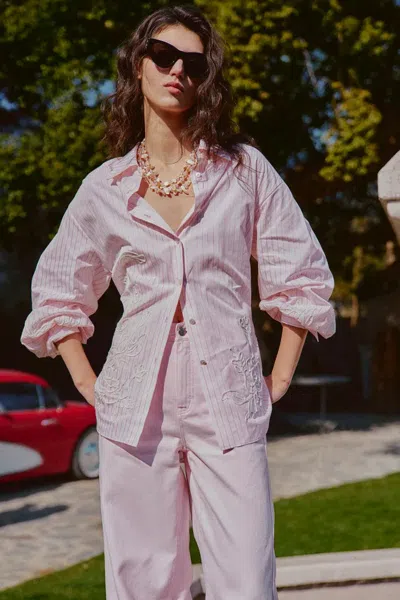 Fabrique Brooke Puff Sleeve Oversized Striped Shirt In Cotton Poplin In Pink