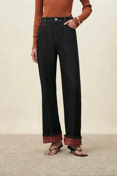 Fabrique Cadence Plaid Straight Leg Jeans With Fleece Lining In Flocked Denim In Black