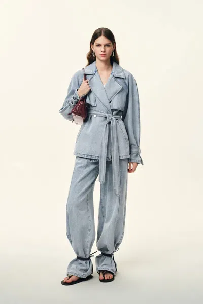 Fabrique Calista Belted Trench Style Coat In Lightweight Cotton Denim In Blue