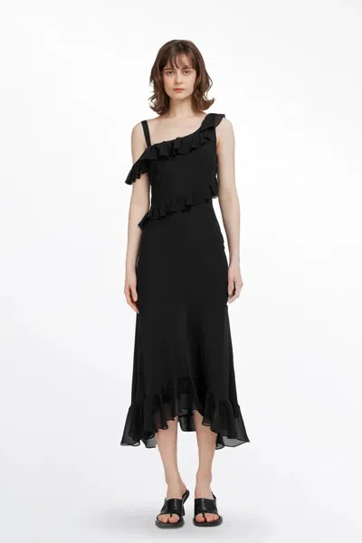 Fabrique Calla Asymmetrical Ruffle Dress In Georgette Silk In Black
