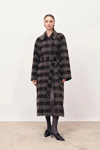 Fabrique Camila Leatehr Accent Checkered Coat In Bouclé Wool