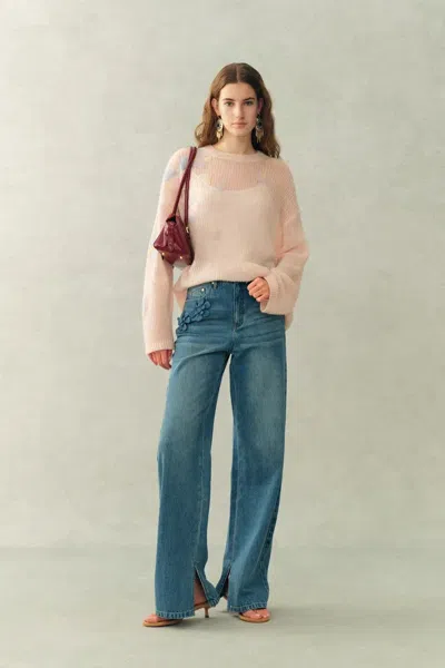 Fabrique Camille Floral See Through Pullover Sweater In Wool Mohair Blend Knit In Neutral