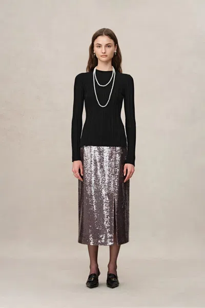 Fabrique Cara Side Slit Long Sleeve Fitted Top In Merino Wool Yang Yarn Knit In Black