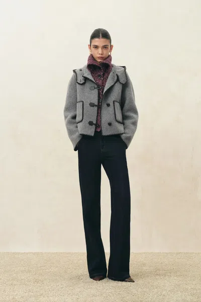Fabrique Carina Embroidered Hooded Cropped Coat In Wool Blend In Gray