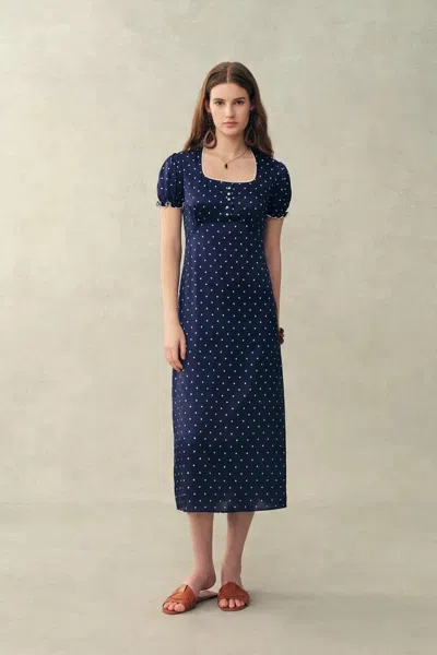 Fabrique Carole French Style Polka Dot Squre Neck Puff Sleeve Dress In Silk Satin Blend In Blue