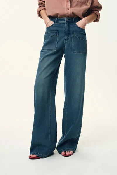 Fabrique Carrie Front Pocket Washed Blue Straight Jeans In Cotton Denim