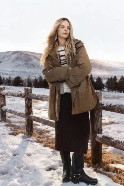 Fabrique Casey Hooded Drawstring Lightweight Down Jacket In Crinkle Cotton Blend In Green