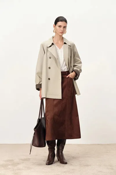 Fabrique Catelo Double Breasted Leather Belted Short Trench Coat In Wrinkle Resistant Cotton In Gray