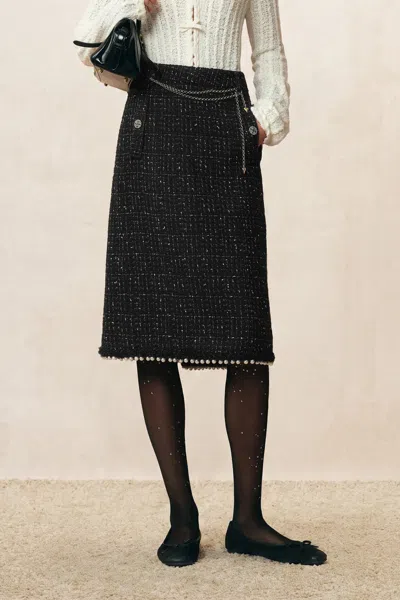 Fabrique Catherine Pearl Embellished Tweed Straight Skirt In Black