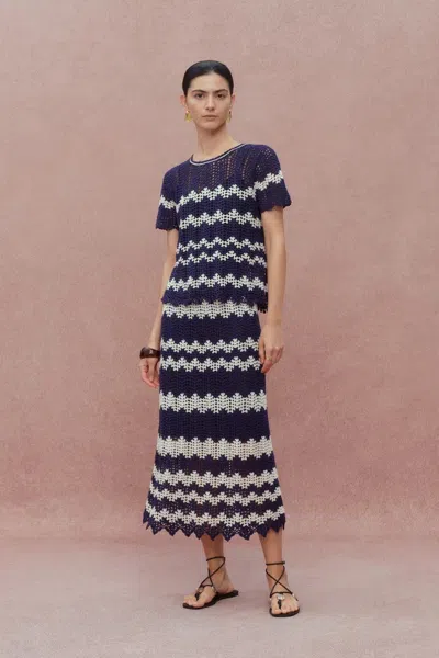 Fabrique Cecilia Contrast Handcrafted Crochet Top And Skirt Matching Set In Cotton-linen Blend Knit In Blue