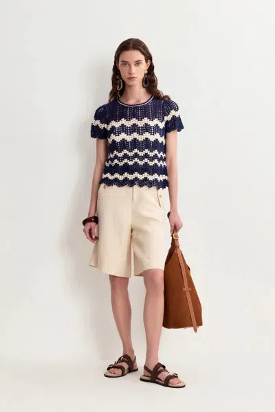 Fabrique Cecilia Contrast Handcrafted Crochet Top In Cotton-linen Blend Knit In Blue