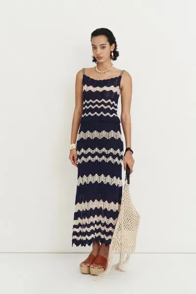 Fabrique Cecilia Handcrafted Contrast Crochet Strap Sleeveless Top In Cotton-linen Blend In Blue