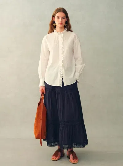 Fabrique Cecilia Sand-washed Ruffle-trim French Blouse In Washed Cotton In White