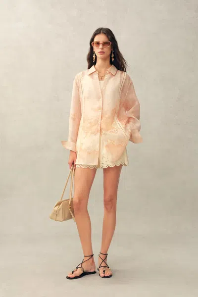 Fabrique Celeste Handpainted Floral Loose Shirt In Silk Linen Organza In Multi