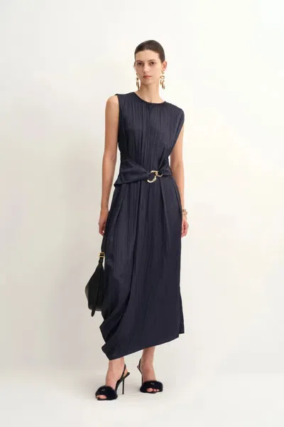 Fabrique Celeste Sleeveless Navy Dress In Pleated Satin In Blue