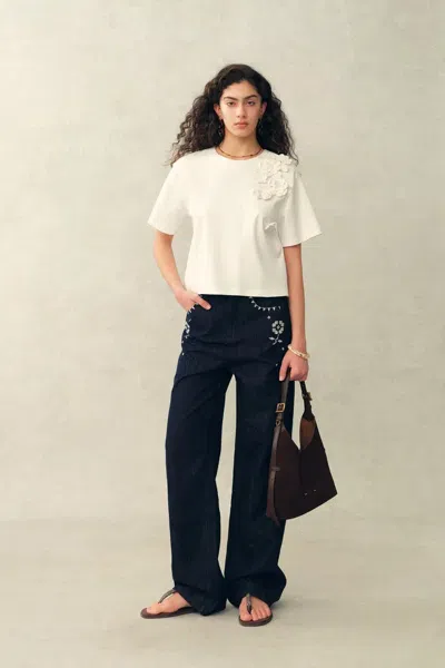 Fabrique Celine Pearl Beaded Hand Crochet Floral T-shirt In Cotton In White
