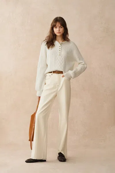 Fabrique Cersei Hand Work Henley Cable Pattern Sweater In Merino Wool In White