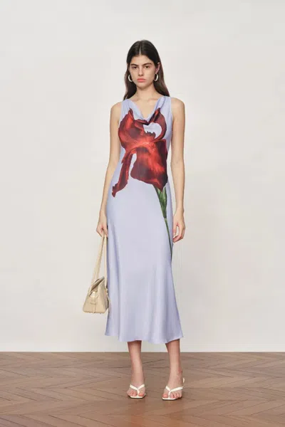 Fabrique Cersei Iris Print Cowl Neck Sleeveless Dress In Soft Satin In Blue