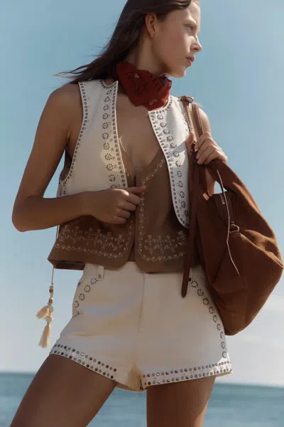 Fabrique Charlie Boho Mother Of Pearl Studded Side Tassel Tie Vest Top And Shorts Set In Cotton Denim In Neutral
