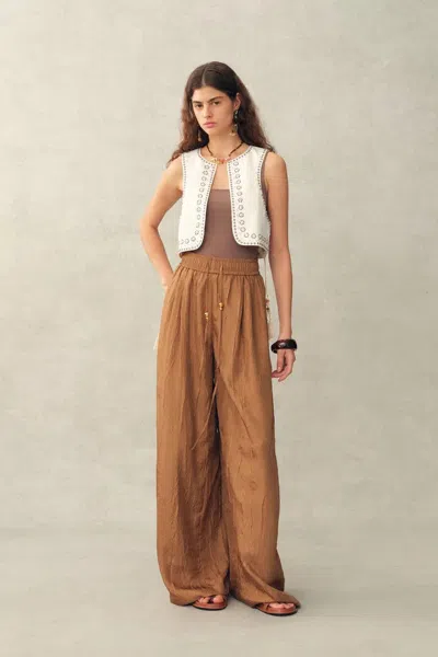 Fabrique Charlie Boho Mother Of Pearl Studded Side Tassel Tie Vest Top In Cotton Denim In White