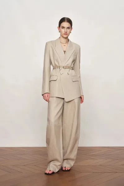 Fabrique Charlie Deconstructed Asymmetric Double-belt Blazer And Pants In Cotton Linen In Neutral