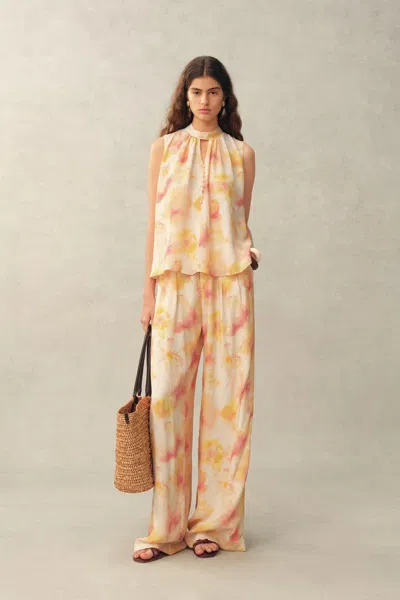 Fabrique Charlotte Handpainted Floral Neck Tie Sleeveless Blouse And Pants Set In Silk Double Crepe In Multi