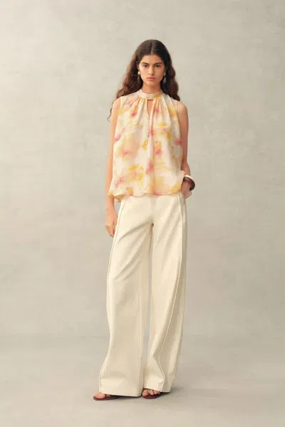 Fabrique Charlotte Handpainted Floral Neck Tie Sleeveless Blouse In Silk Double Crepe In Multi