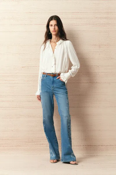 Fabrique Charlotte Shimmer Ruched Ruffle Blouse In White