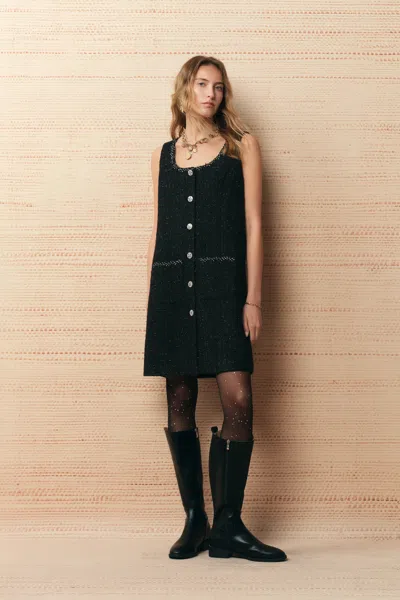 Fabrique Charlotte Square Neck A Line Dress In Shimmer Wool Tweed In Black