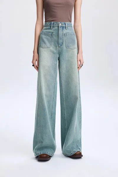 Fabrique Cheer Patch Pocket Wide Leg Jeans In Washed Cotton Denim In Blue