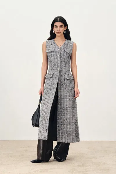 Fabrique Cherbourg Sleeveless Tweed Midi Dress In French Bouclé With Metallic Threads In Gray