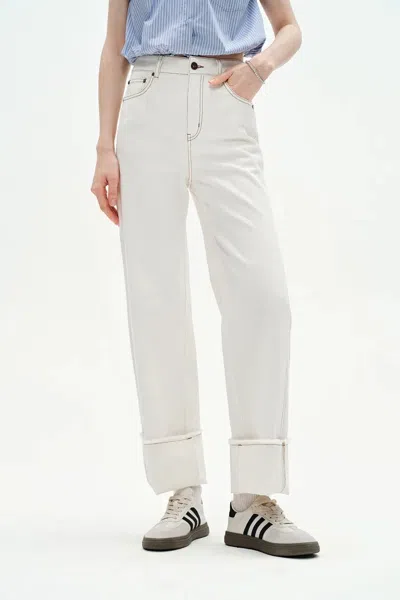 Fabrique Cici Foldable Hem Jeans In Herringbone Denim In White