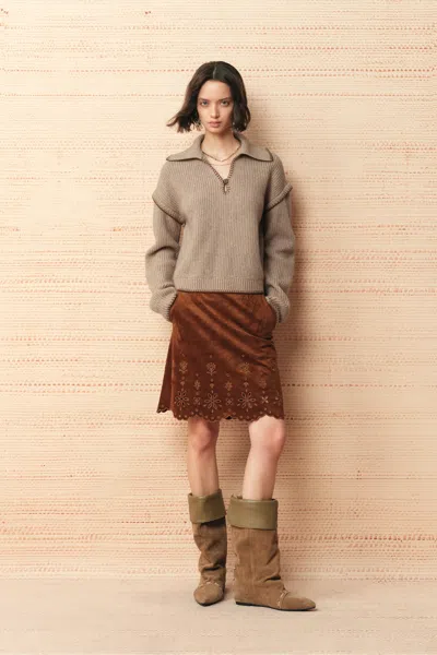 Fabrique Claire Contrast Trim Polo Sweater In Oatmeal Wool In Brown