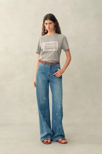 Fabrique Claire Couture-inspired Lace Applique T-shirt In Cotton In Gray