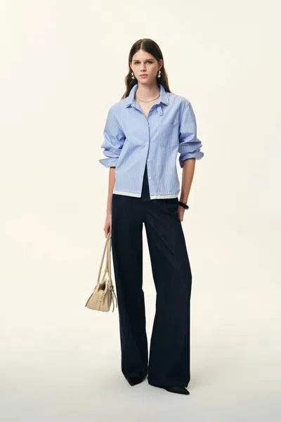 Fabrique Claire Double Collar Striped Shirt In Jacquard Striped Poplin In Blue