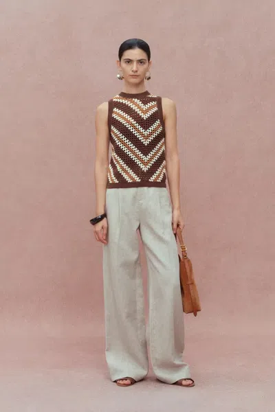 Fabrique Clara Hand Crochet Sleeveless Top In Cotton-linen Tape Yarn In Brown