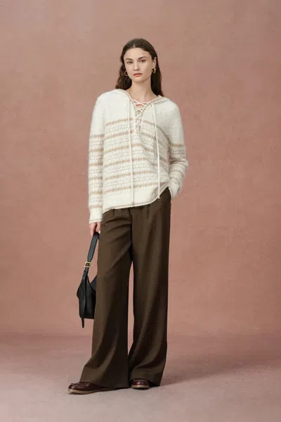 Fabrique Clara Striped Cable Hoodie Sweater In Wool-alpaca Blend Knit In White