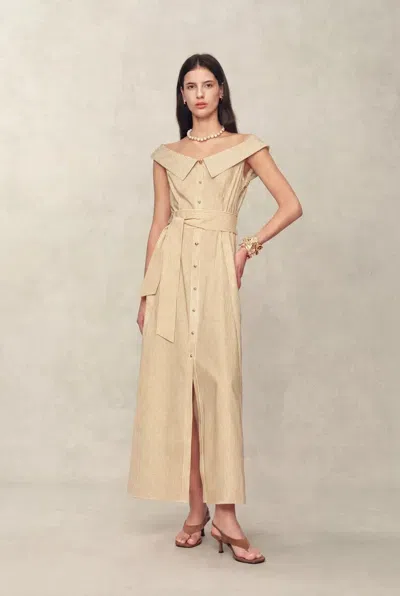 Fabrique Claudia Striped Off Shoulder Collared Belted Sleeveless Shirt Dress In Cotton In Animal Print