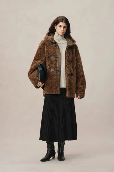 Fabrique Clémence Shearling Hooded Coat In Vegan Leather And Wool Blend