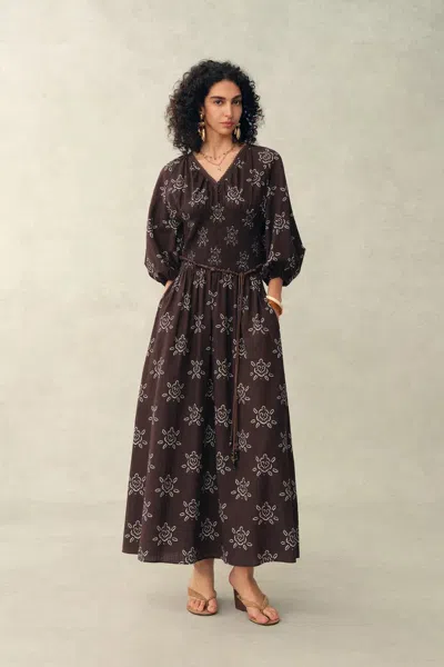 Fabrique Cleo Smocked Handpainted Floral Puff Sleeve Midi Dress In Cotton In Multi