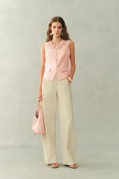 Fabrique Cloris 3d Floral Neckline Sleeveless Vest Top In Silk Wool Satin In Pink