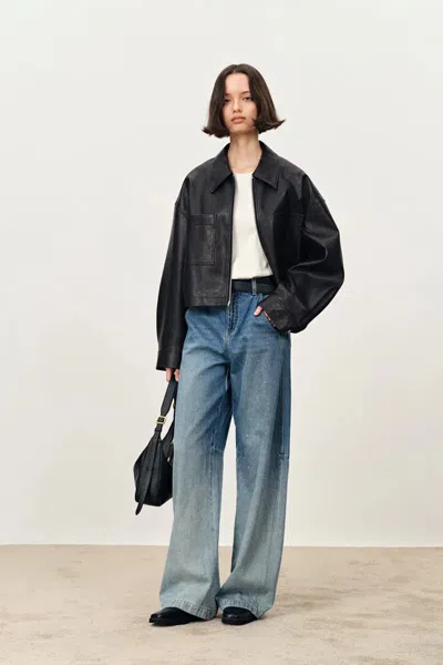 Fabrique Coddenham Short Jacket In Faux Leather In Blue