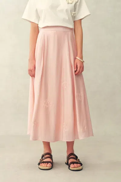 Fabrique Colette Embroidery Midi Skirt In Linen Blend In Pink