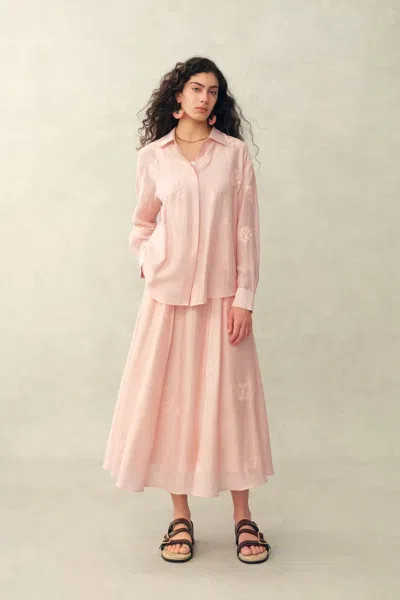 Fabrique Colette Embroidery Shirt And Skirt Set In Linen Blend In Pink