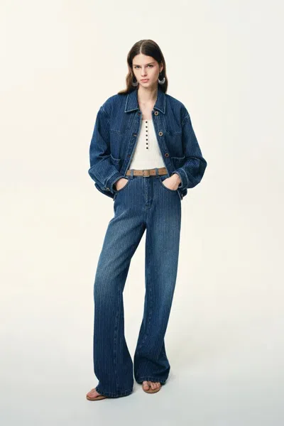 Fabrique Colette Striped Washed Blue Patch Pocket Jacket And Jeans Matching Set In Herringbone Denim