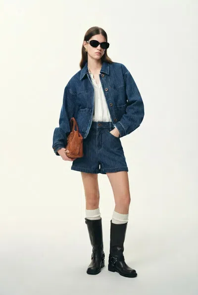 Fabrique Colette Striped Washed Blue Patch Pocket Jacket And Shorts In Herringbone Denim