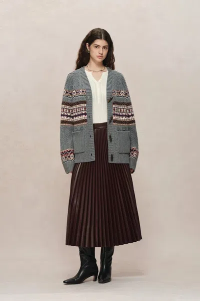 Fabrique Coll Fair Isle Cardigan In Chunky Merino Wool Knit In Gray